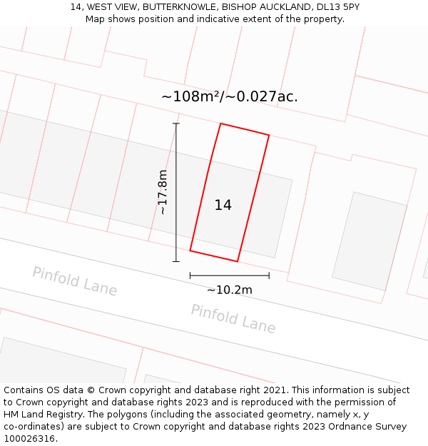 14, WEST VIEW, BUTTERKNOWLE, BISHOP AUCKLAND, DL13 5PY: Plot and title map