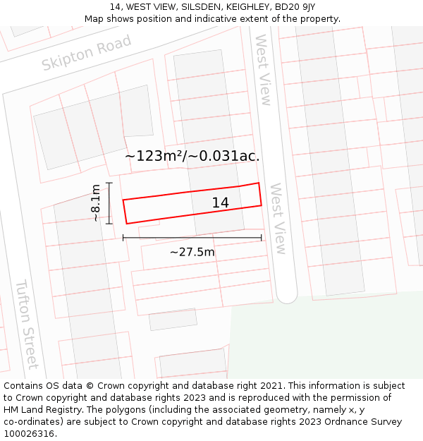 14, WEST VIEW, SILSDEN, KEIGHLEY, BD20 9JY: Plot and title map