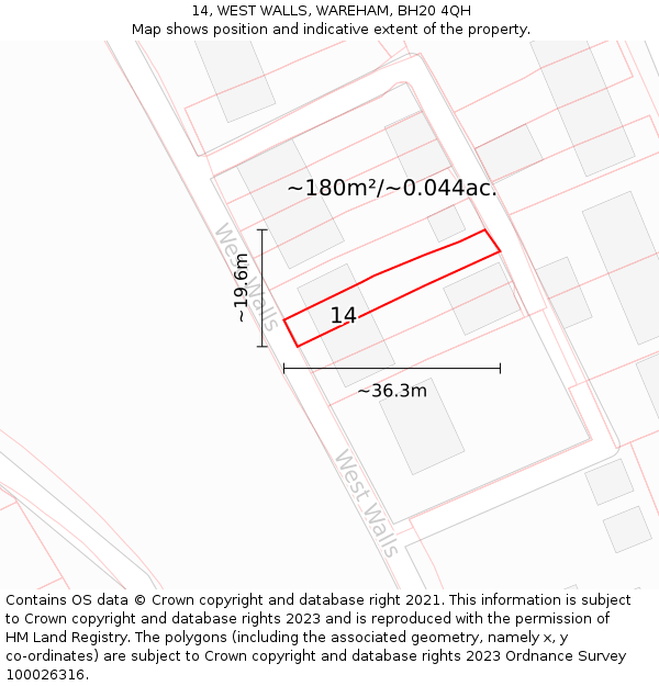 14, WEST WALLS, WAREHAM, BH20 4QH: Plot and title map
