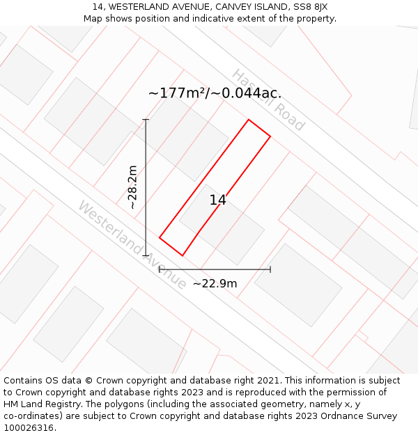 14, WESTERLAND AVENUE, CANVEY ISLAND, SS8 8JX: Plot and title map