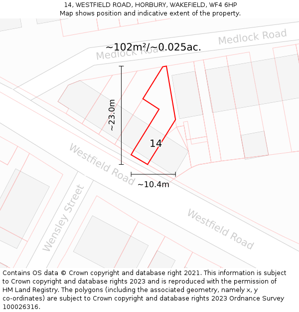 14, WESTFIELD ROAD, HORBURY, WAKEFIELD, WF4 6HP: Plot and title map