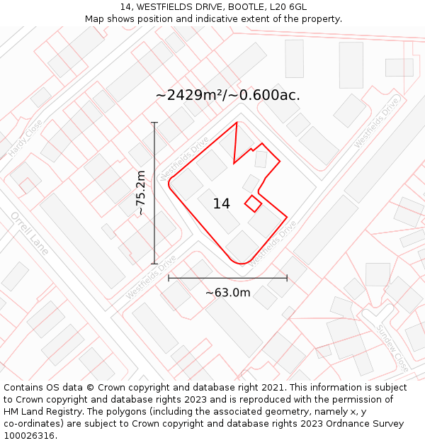 14, WESTFIELDS DRIVE, BOOTLE, L20 6GL: Plot and title map