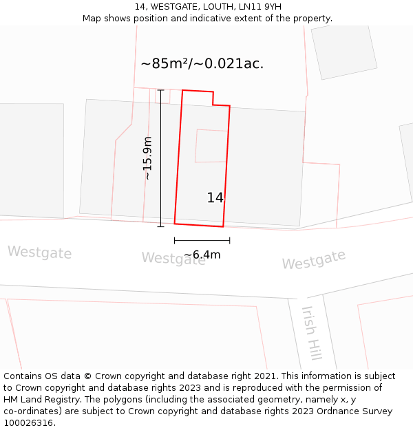 14, WESTGATE, LOUTH, LN11 9YH: Plot and title map