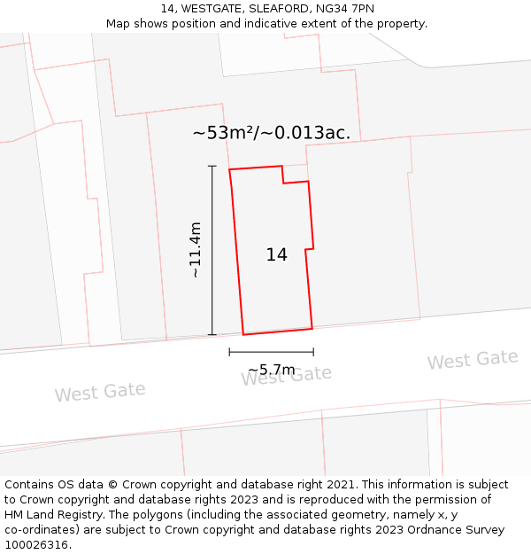 14, WESTGATE, SLEAFORD, NG34 7PN: Plot and title map