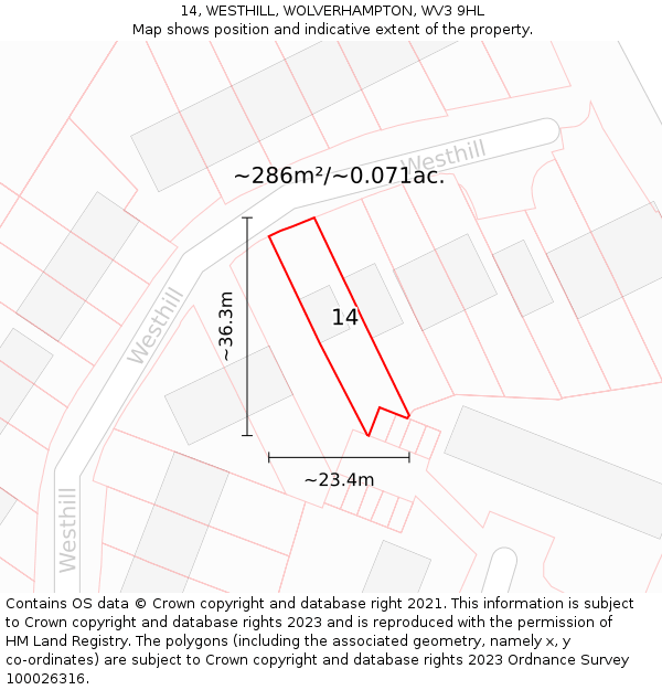 14, WESTHILL, WOLVERHAMPTON, WV3 9HL: Plot and title map