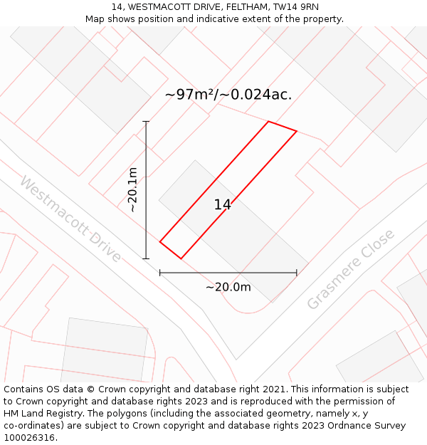 14, WESTMACOTT DRIVE, FELTHAM, TW14 9RN: Plot and title map