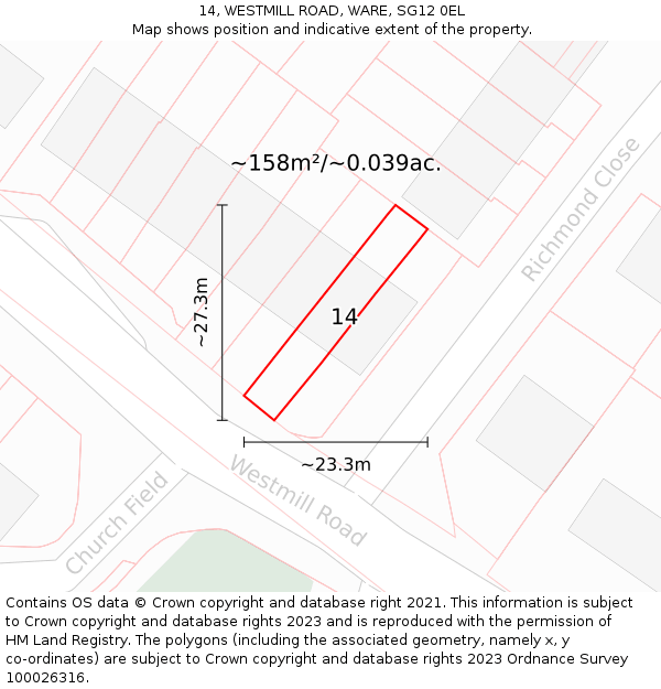 14, WESTMILL ROAD, WARE, SG12 0EL: Plot and title map