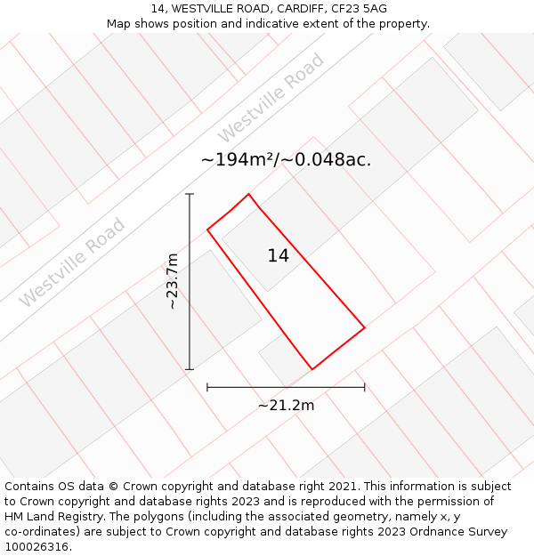 14, WESTVILLE ROAD, CARDIFF, CF23 5AG: Plot and title map