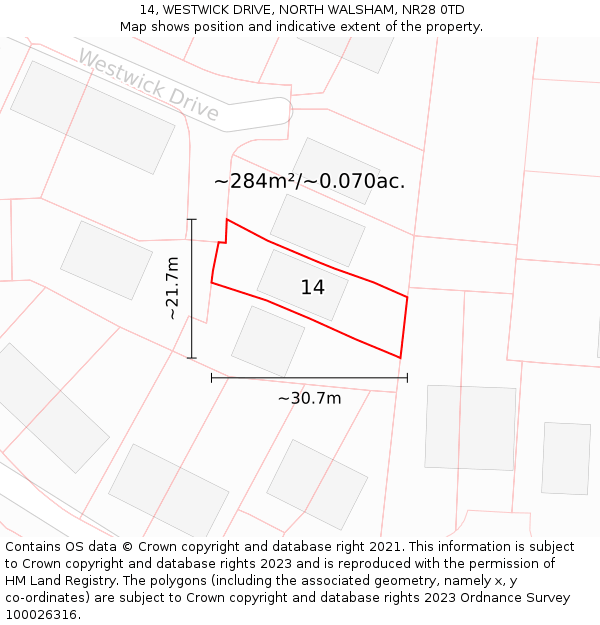 14, WESTWICK DRIVE, NORTH WALSHAM, NR28 0TD: Plot and title map