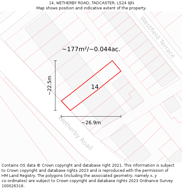 14, WETHERBY ROAD, TADCASTER, LS24 9JN: Plot and title map