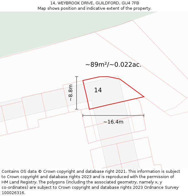 14, WEYBROOK DRIVE, GUILDFORD, GU4 7FB: Plot and title map