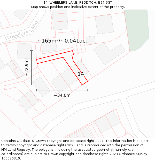 14, WHEELERS LANE, REDDITCH, B97 6GT: Plot and title map