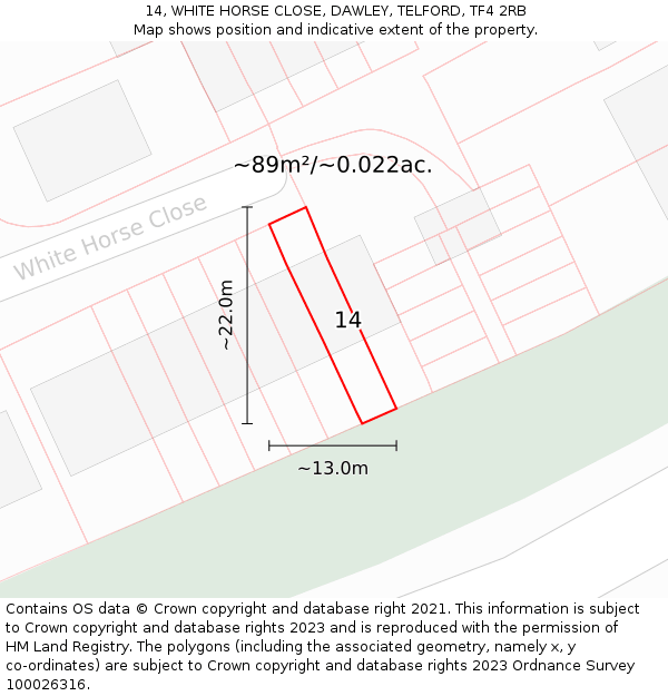 14, WHITE HORSE CLOSE, DAWLEY, TELFORD, TF4 2RB: Plot and title map