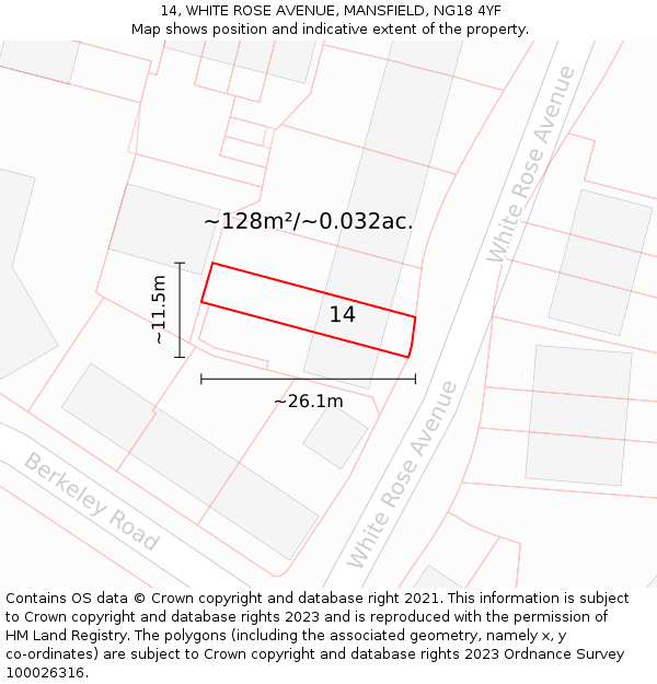 14, WHITE ROSE AVENUE, MANSFIELD, NG18 4YF: Plot and title map