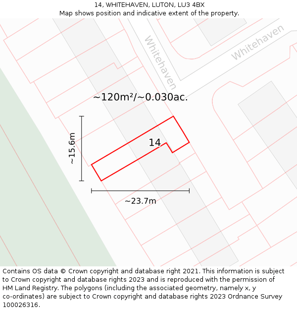 14, WHITEHAVEN, LUTON, LU3 4BX: Plot and title map