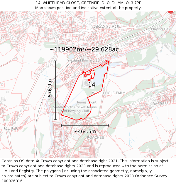 14, WHITEHEAD CLOSE, GREENFIELD, OLDHAM, OL3 7PP: Plot and title map