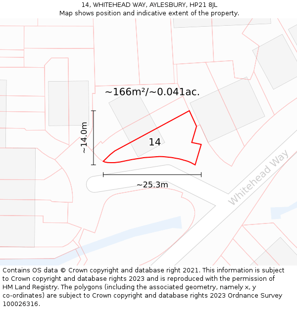 14, WHITEHEAD WAY, AYLESBURY, HP21 8JL: Plot and title map