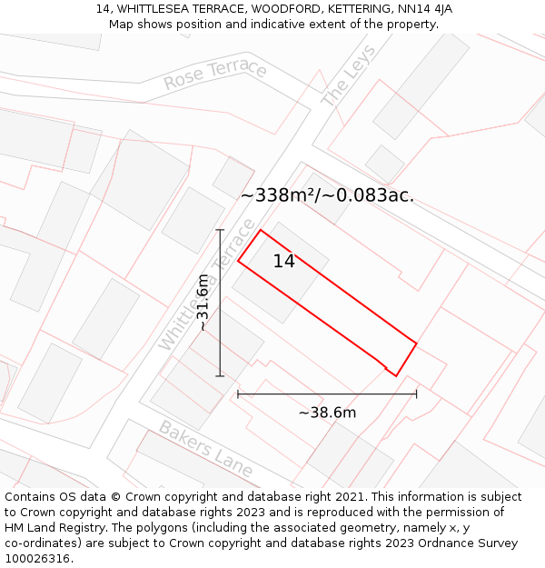 14, WHITTLESEA TERRACE, WOODFORD, KETTERING, NN14 4JA: Plot and title map