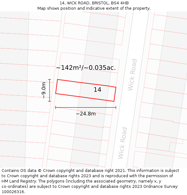 14, WICK ROAD, BRISTOL, BS4 4HB: Plot and title map
