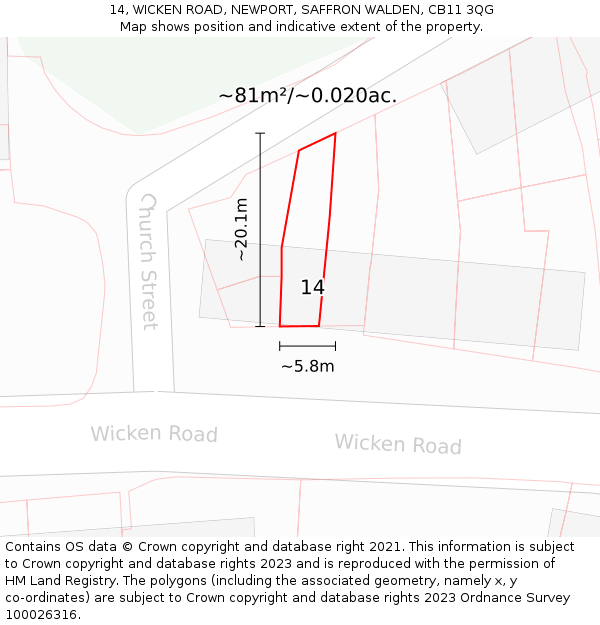 14, WICKEN ROAD, NEWPORT, SAFFRON WALDEN, CB11 3QG: Plot and title map