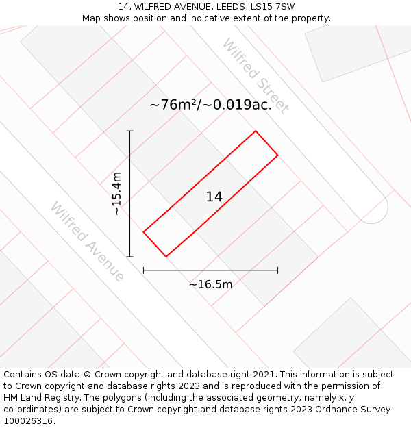 14, WILFRED AVENUE, LEEDS, LS15 7SW: Plot and title map