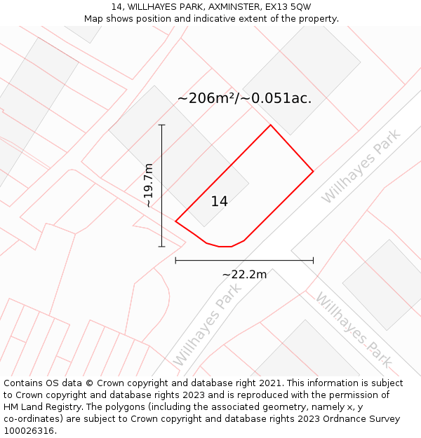14, WILLHAYES PARK, AXMINSTER, EX13 5QW: Plot and title map