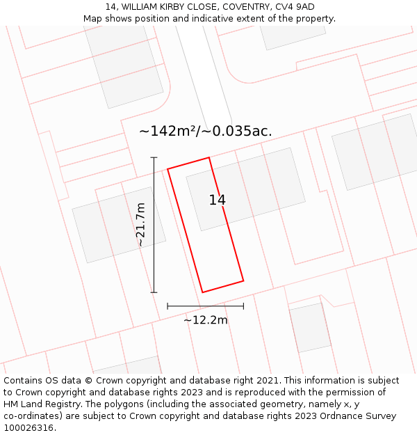 14, WILLIAM KIRBY CLOSE, COVENTRY, CV4 9AD: Plot and title map