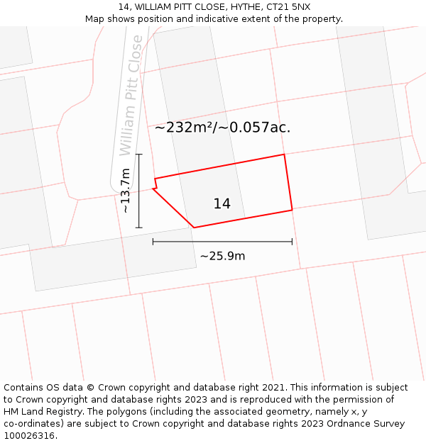 14, WILLIAM PITT CLOSE, HYTHE, CT21 5NX: Plot and title map