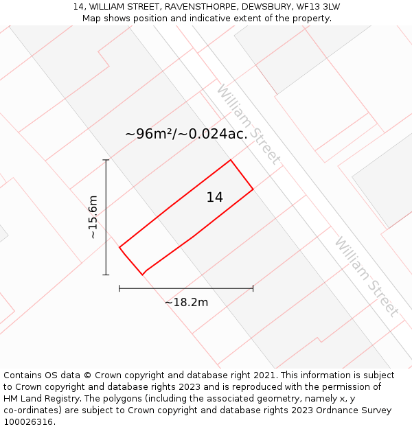 14, WILLIAM STREET, RAVENSTHORPE, DEWSBURY, WF13 3LW: Plot and title map