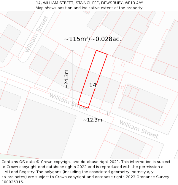 14, WILLIAM STREET, STAINCLIFFE, DEWSBURY, WF13 4AY: Plot and title map