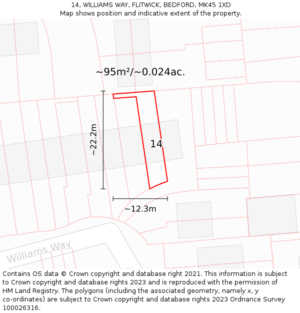 14, WILLIAMS WAY, FLITWICK, BEDFORD, MK45 1XD: Plot and title map