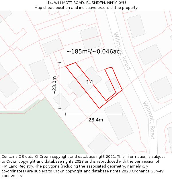 14, WILLMOTT ROAD, RUSHDEN, NN10 0YU: Plot and title map