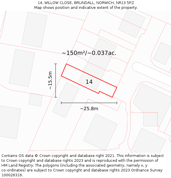 14, WILLOW CLOSE, BRUNDALL, NORWICH, NR13 5PZ: Plot and title map