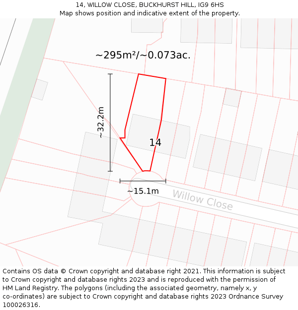 14, WILLOW CLOSE, BUCKHURST HILL, IG9 6HS: Plot and title map