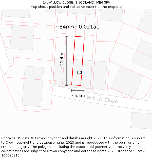14, WILLOW CLOSE, SNODLAND, ME6 5FA: Plot and title map