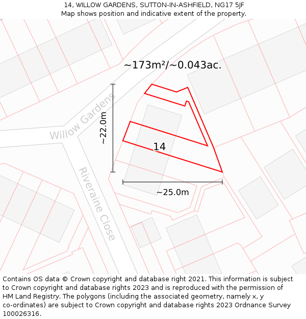 14, WILLOW GARDENS, SUTTON-IN-ASHFIELD, NG17 5JF: Plot and title map