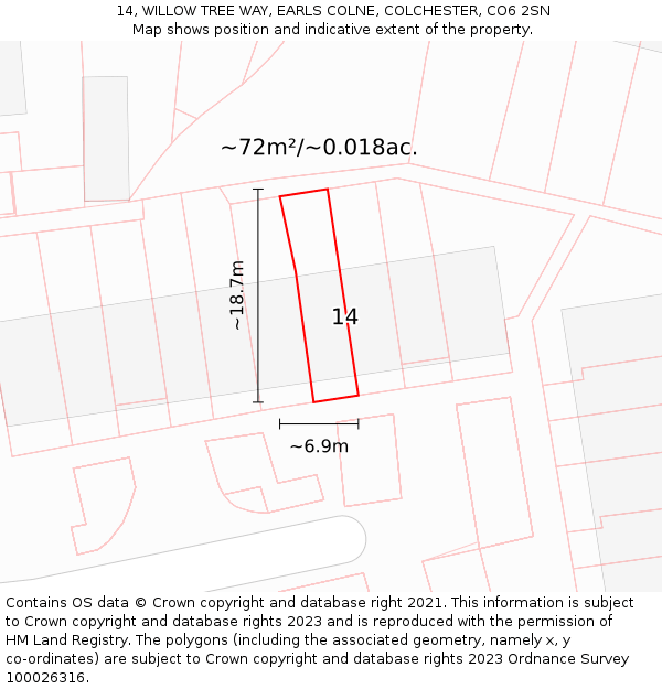 14, WILLOW TREE WAY, EARLS COLNE, COLCHESTER, CO6 2SN: Plot and title map