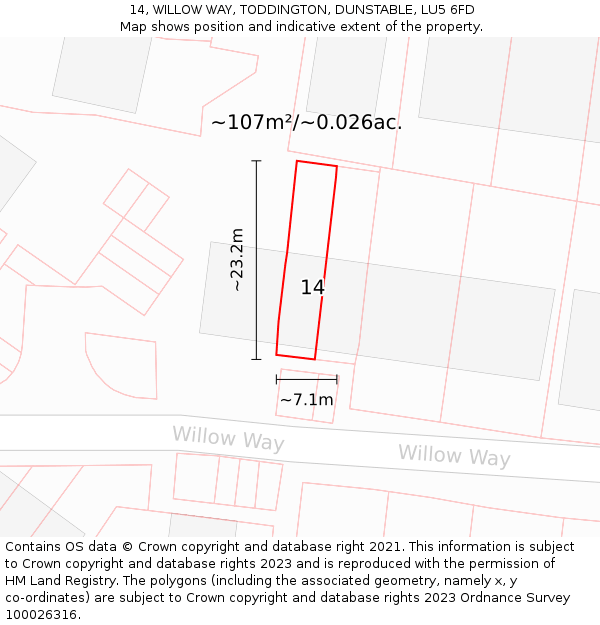 14, WILLOW WAY, TODDINGTON, DUNSTABLE, LU5 6FD: Plot and title map