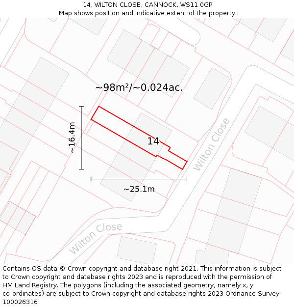 14, WILTON CLOSE, CANNOCK, WS11 0GP: Plot and title map