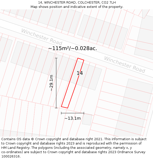 14, WINCHESTER ROAD, COLCHESTER, CO2 7LH: Plot and title map
