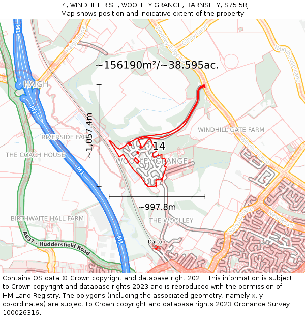 14, WINDHILL RISE, WOOLLEY GRANGE, BARNSLEY, S75 5RJ: Plot and title map