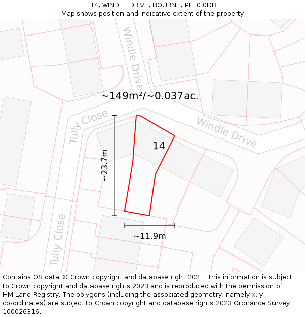 14, WINDLE DRIVE, BOURNE, PE10 0DB: Plot and title map