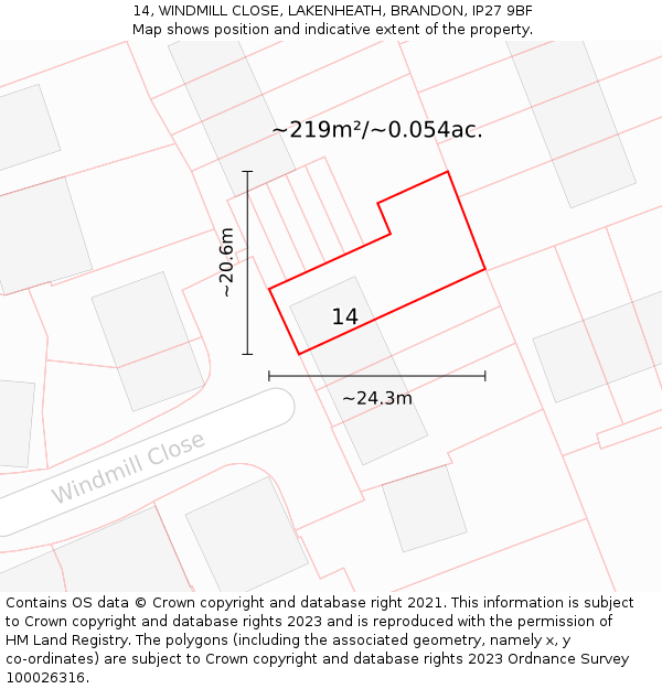 14, WINDMILL CLOSE, LAKENHEATH, BRANDON, IP27 9BF: Plot and title map