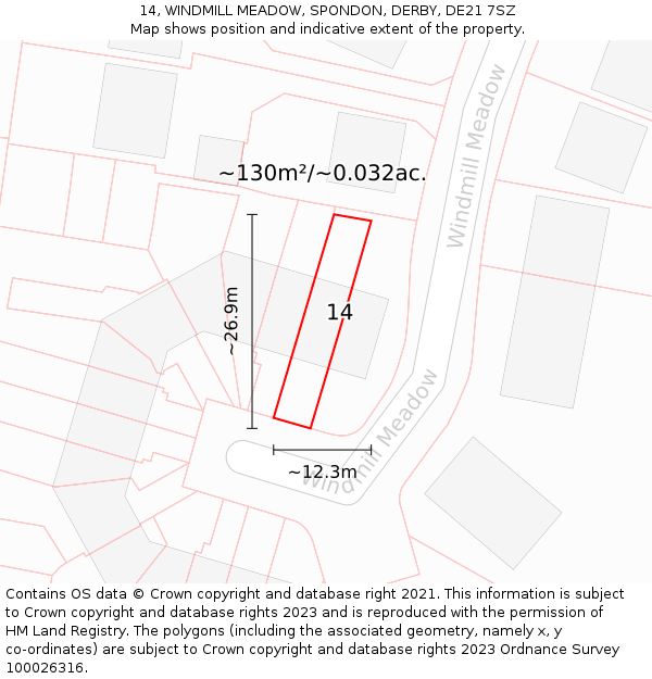 14, WINDMILL MEADOW, SPONDON, DERBY, DE21 7SZ: Plot and title map