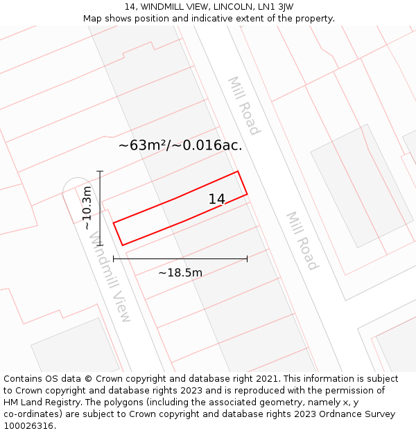 14, WINDMILL VIEW, LINCOLN, LN1 3JW: Plot and title map