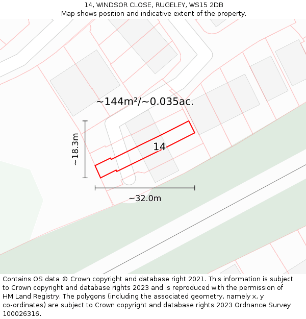 14, WINDSOR CLOSE, RUGELEY, WS15 2DB: Plot and title map