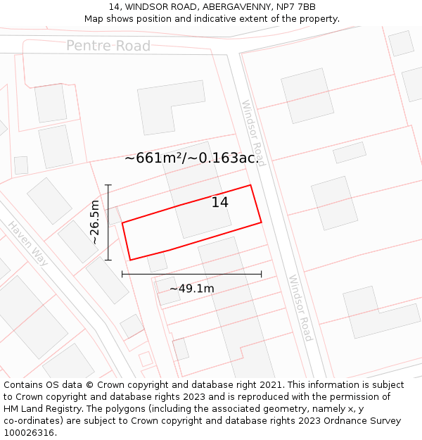 14, WINDSOR ROAD, ABERGAVENNY, NP7 7BB: Plot and title map