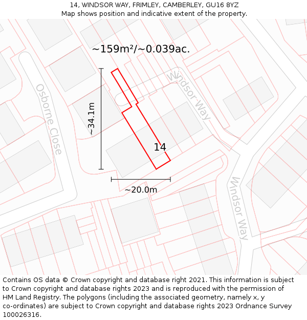 14, WINDSOR WAY, FRIMLEY, CAMBERLEY, GU16 8YZ: Plot and title map