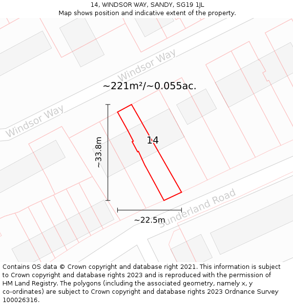14, WINDSOR WAY, SANDY, SG19 1JL: Plot and title map