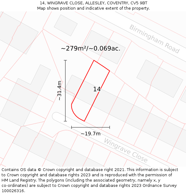 14, WINGRAVE CLOSE, ALLESLEY, COVENTRY, CV5 9BT: Plot and title map